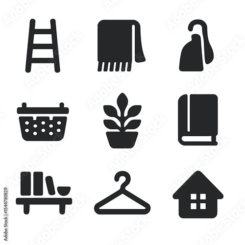 Smart Storage Icons. Solid, filled icons set of smart storage hacks for home: ladder icon, throw blanket,