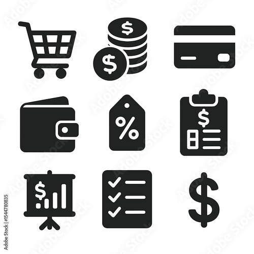 Smart Spending Icons. Solid, filled icons set of smart spending habits: shopping cart, coin stack, credit card
