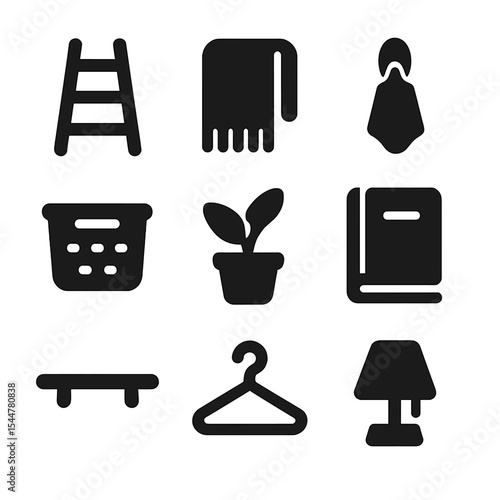 Smart Storage Icons. Solid, filled icons set of smart storage hacks for home: ladder icon, throw blanket,