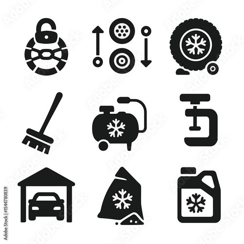 Snow Tire Maintenance Icons. Solid, filled icons set of snow tire maintenance: chain lock tool, tire rotation