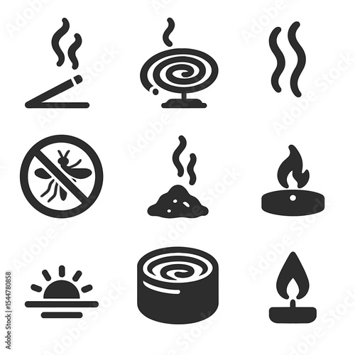 Smoky Insect Deterrent Icons. Solid, filled icons set of smoky insect deterrents: incense smoke, burning coil,