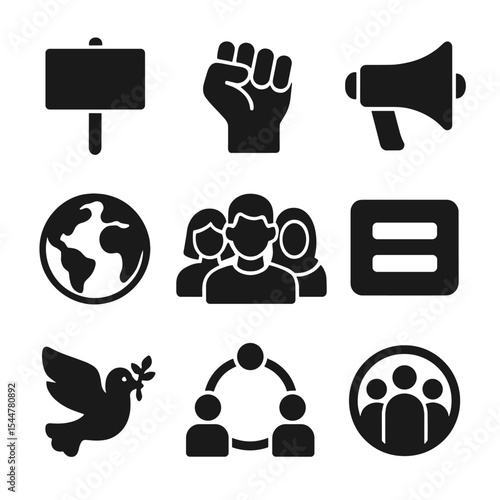 Social Justice Icons. Solid, filled icons set of social justice: protest sign, raised fist, megaphone, balance
