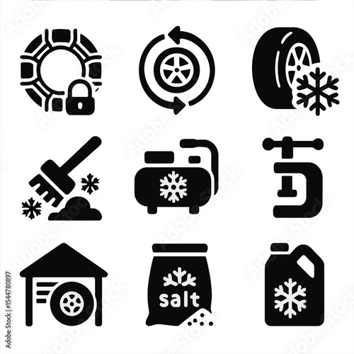 Snow Tire Maintenance Icons. Solid, filled icons set of snow tire maintenance: chain lock tool, tire rotation
