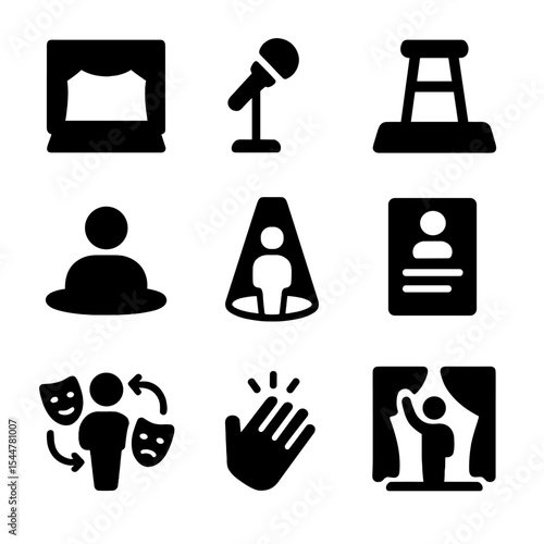 Solo Performance Icons. Solid, filled icons set of one-person plays and solo performances: empty stage, single