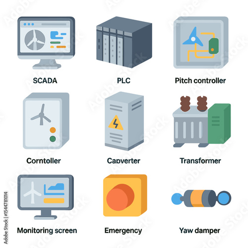 Turbine Control Icon Set. Isometric Flat icon set of turbine control systems: SCADA dashboard, PLC unit, pitch controller, yaw
