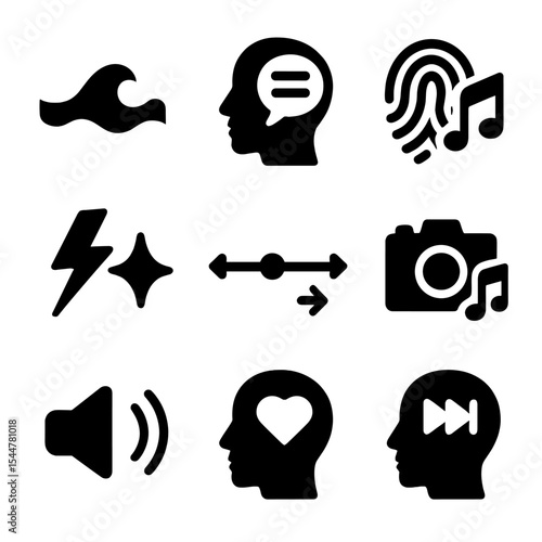 Sonic Memory Icons. Solid, filled icons set of sonic memory and recall triggers: flashback wave, voice memory,