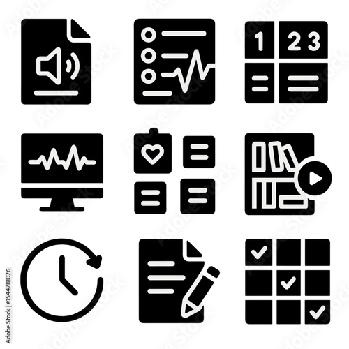 Sound Design Icons. Solid, filled icons set of sound design planning: sound script, track list, cue numbers,