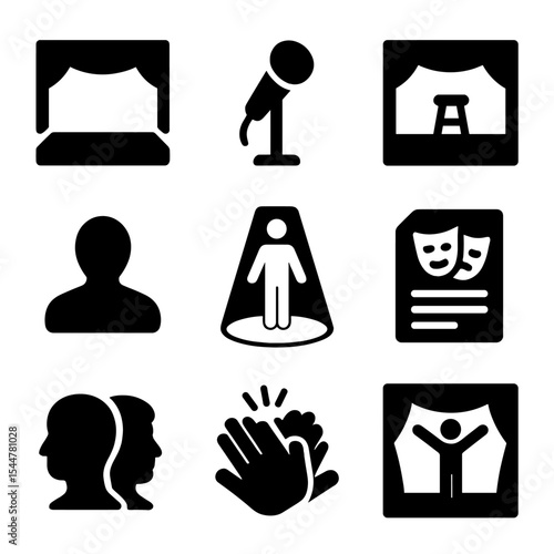 Solo Performance Icons. Solid, filled icons set of one-person plays and solo performances: empty stage, single