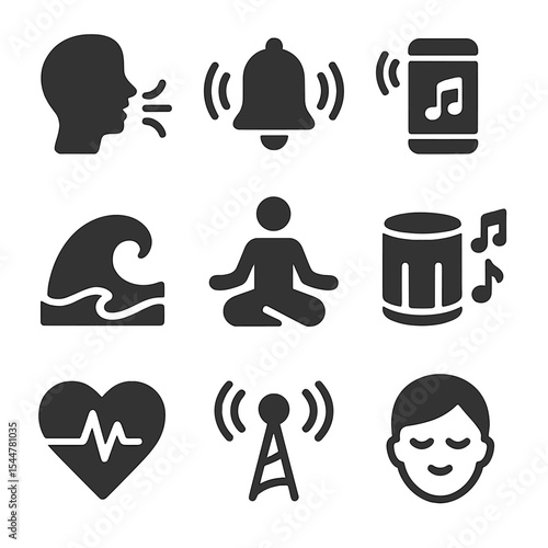 Sound-Based Stress Relief. Solid, filled icons set of stress relief through sound: breathing icon, soft tones,