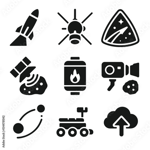 Space Exploration Icons. Solid, filled icons set of deep space exploration missions: probe launcher,