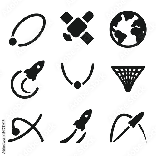 Space Icon Set. Solid, filled icons set of orbital trajectories: orbit arc, satellite, Earth globe, rocket