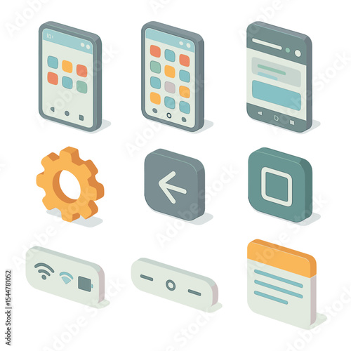 Isometric UI Icon Set. Isometric Flat icon set of smartphone user interface elements: home screen, app drawer, notification drawer