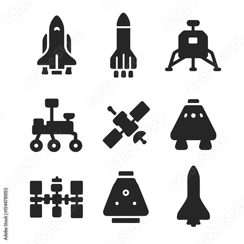 Space Exploration Icons. Solid, filled icons set of space exploration vehicles: space shuttle, rocket booster,
