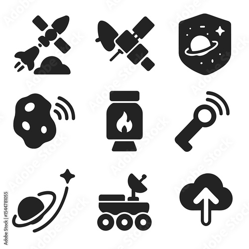 Space Exploration Icons. Solid, filled icons set of deep space exploration missions: probe launcher,