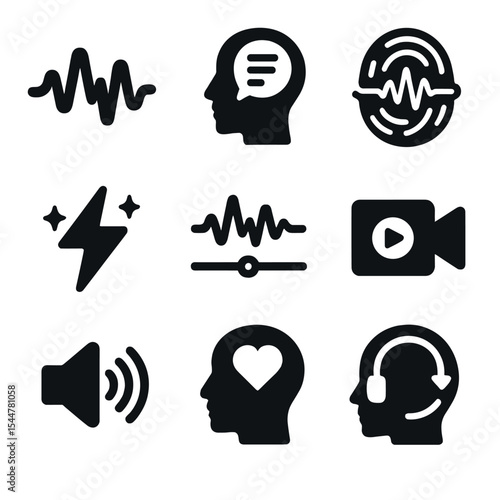 Sonic Memory Icons. Solid, filled icons set of sonic memory and recall triggers: flashback wave, voice memory,