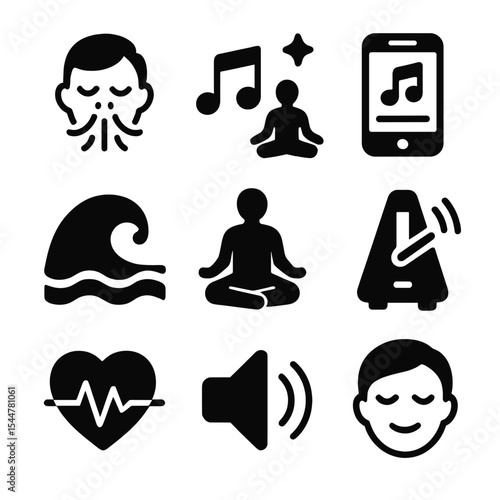 Sound-Based Stress Relief. Solid, filled icons set of stress relief through sound: breathing icon, soft tones,