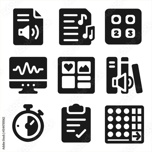 Sound Design Icons. Solid, filled icons set of sound design planning: sound script, track list, cue numbers,