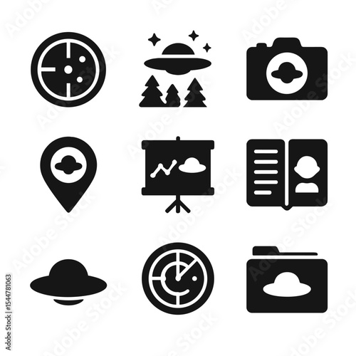 UFO Phenomena Icons. Solid, Filled icon set of UFO phenomena and sightings: radar blip, night sky glow, eyewitness camera, sky map