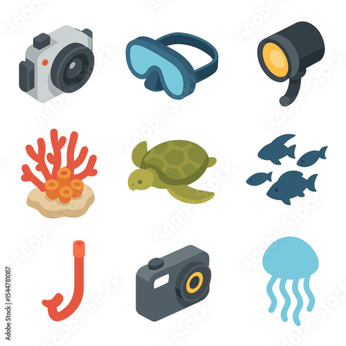 Underwater Photography Icons. Isometric Flat icon set of underwater photography: underwater housing, diving mask, strobe light,