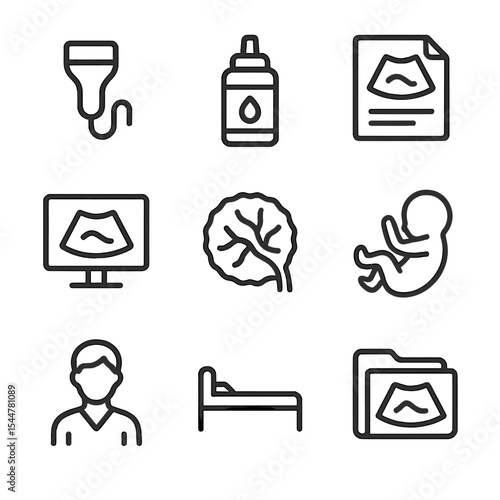 Ultrasound Equipment Icons. Outline icon set of ultrasound diagnostics: transducer, gel bottle, sonogram printout, monitor screen,