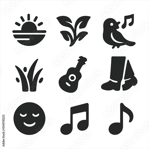 Spring Morning Icons. Solid, filled icons set of morning music in spring streets: rising sun, fresh breeze,