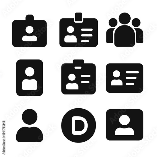Staff Badge Icons. Solid, filled icons set of staff badges and profiles: name tag, ID badge, team bio,