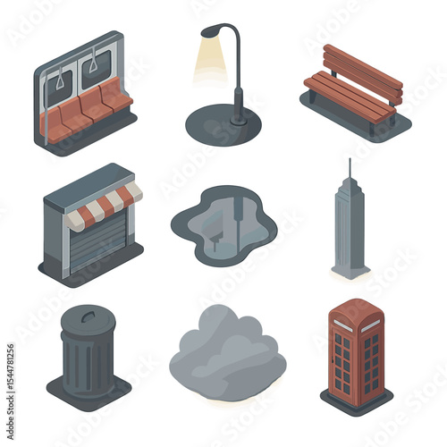 Urban Loneliness Icons. Isometric Flat icon set of urban loneliness: empty subway car, streetlight at night, deserted bench,