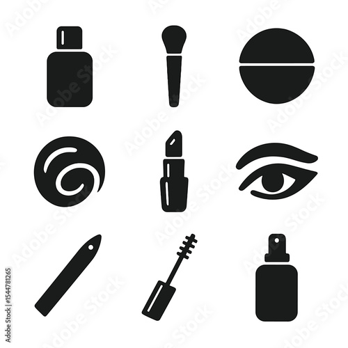 Stage Makeup Icons. Solid, filled icons set of stage makeup essentials: foundation bottle, concealer brush,