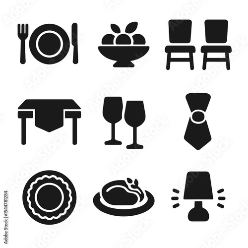 Staged Dining Icons. Solid, filled icons set of staged dining areas: place settings, centerpiece bowl,