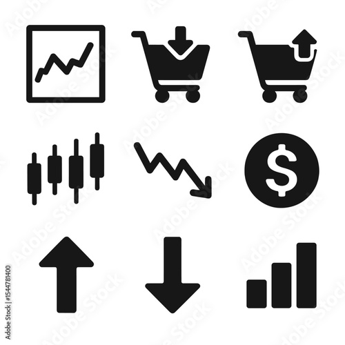 Stock Trading Icons. Solid, filled icons set of stock trading basics: stock chart, buy icon, sell icon,