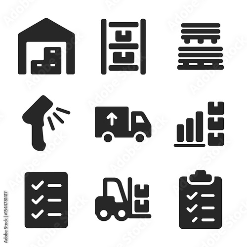 Storage Icons Grid. Solid, filled icons set of organizing storage areas: warehouse icon, shelf icon, stacked