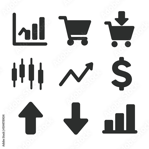 Stock Trading Icons. Solid, filled icons set of stock trading basics: stock chart, buy icon, sell icon,