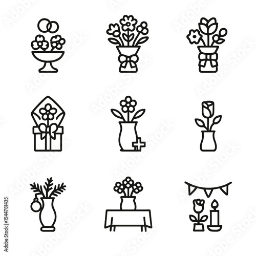 Vase Occasion Icons. Outline icon set of occasions for vases: wedding centerpiece, birthday bouquet, anniversary gift,