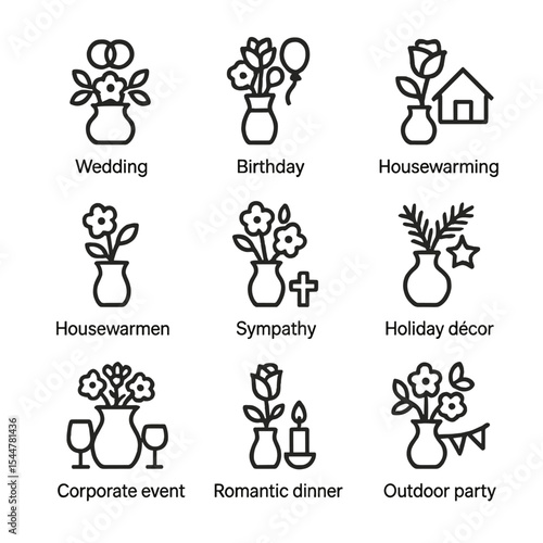 Vase Occasion Icons. Outline icon set of occasions for vases: wedding centerpiece, birthday bouquet, anniversary gift,