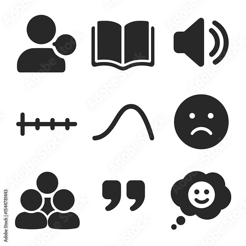 Storytelling Icon Set. Solid, filled icons set of storytelling interaction: narrator icon, open book, voice