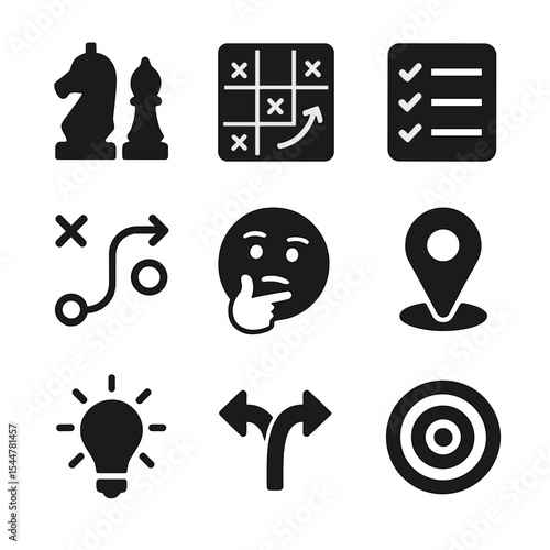 Strategic Icon Grid. Solid, filled icons set of strategic thinking: chess pieces, tactical grid, plan list,