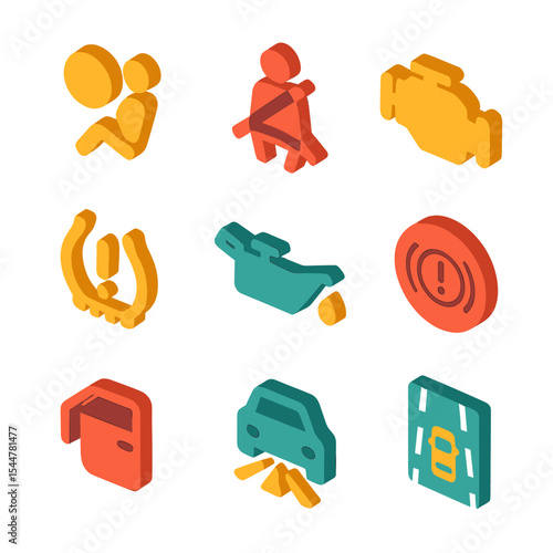Vehicle Warning Icons. Isometric Flat icon set of vehicle warning system: airbag indicator, seatbelt warning, engine check light,