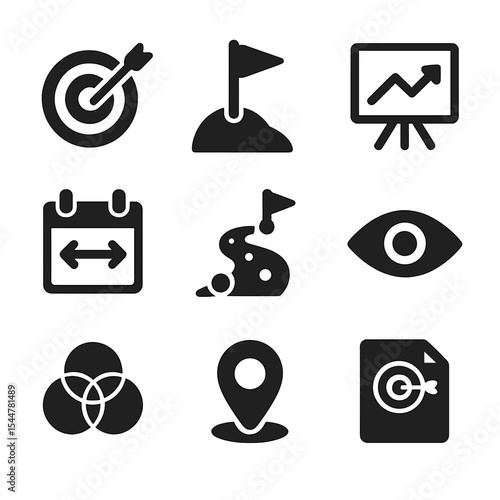 Strategic Planning Icons. Solid, filled icons set of goal setting and strategic planning: bullseye target,