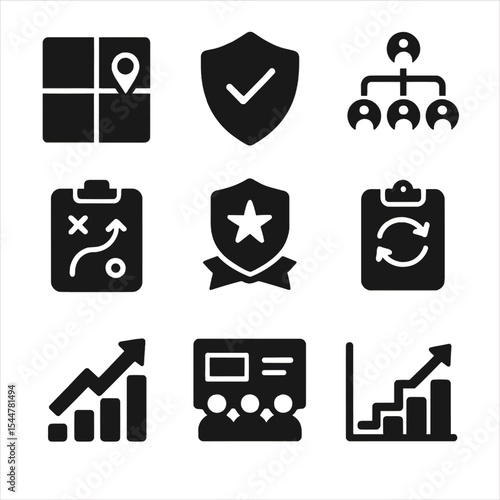 Strategic Risk Icons. Solid, filled icons set of strategic risk leadership: risk map, enterprise shield, risk