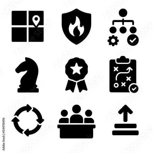 Strategic Risk Icons. Solid, filled icons set of strategic risk leadership: risk map, enterprise shield, risk