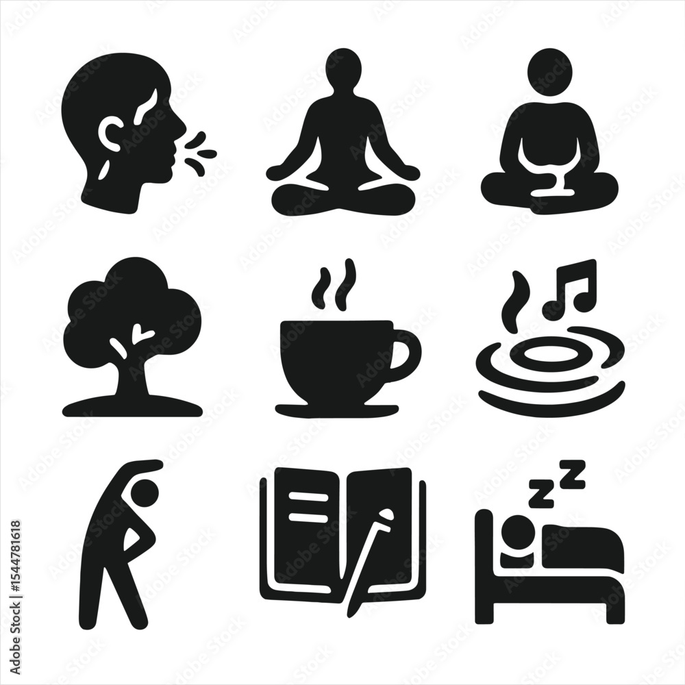 Stress Relief Icons. Solid, filled icons set of daily stress relief tips: breath icon, yoga pose, meditation Stress Relief Icons. Solid, filled icons set of daily stress relief tips: breath icon, yoga pose, meditation