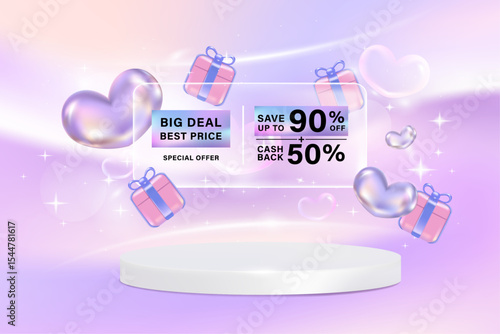 3D product display podium. Composition design with transparency coupon discount and gifts and heart shape chrome color. Sale banner template design for web or social media. Vector banner template.