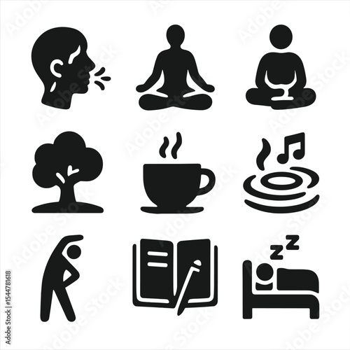 Stress Relief Icons. Solid, filled icons set of daily stress relief tips: breath icon, yoga pose, meditation
