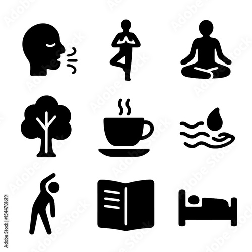 Stress Relief Icons. Solid, filled icons set of daily stress relief tips: breath icon, yoga pose, meditation