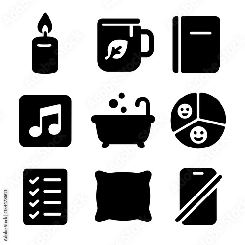 Stress Relief Icons. Solid, filled icons set of stress relief rituals: candle flame, herbal tea mug, journal