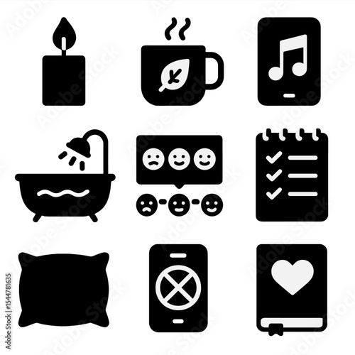 Stress Relief Icons. Solid, filled icons set of stress relief rituals: candle flame, herbal tea mug, journal