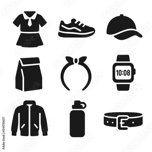 Student Icons Set. Solid, filled icons set of student outfits and accessories: school uniform, sneakers, cap,