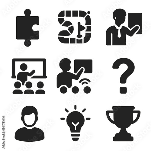 Student Engagement Icons. Solid, filled icons set of student engagement tools: puzzle piece, game board,