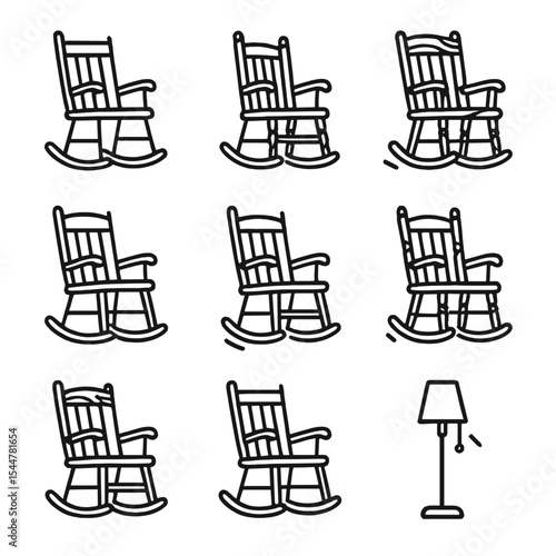 Vintage Rocking Chair Icons. Outline icon set of vintage rocking chair: rocker runners, curved arms, high back, seat slats, turned