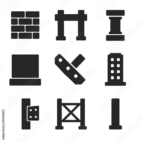 Structural Design Icons. Solid, filled icons set of structural design elements: load-bearing wall, cross beam,